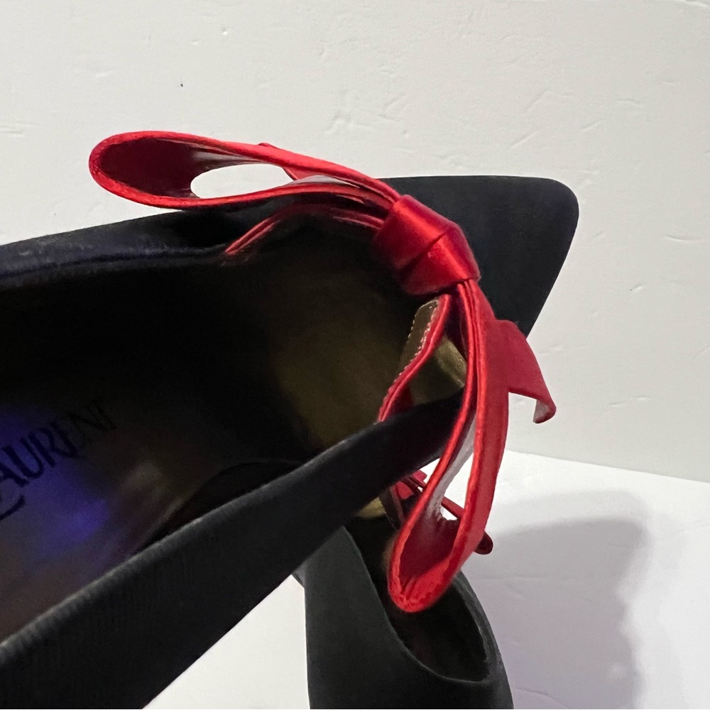 38 Yves Saint Laurent YSL Black Fabric /Leather Red Bow Pumps 8 •Vintage - Picture 9 of 15